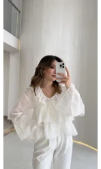 Liry Fırfırlı V Yaka Transparan Bluz - Beyaz - Kod: 1060