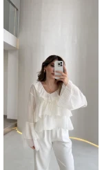 Liry Fırfırlı V Yaka Transparan Bluz - Beyaz - Kod: 1060
