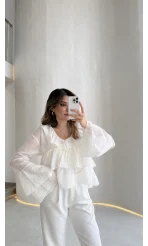 Liry Fırfırlı V Yaka Transparan Bluz - Beyaz - Kod: 1060