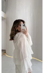 Liry Fırfırlı V Yaka Transparan Bluz - Beyaz - Kod: 1060