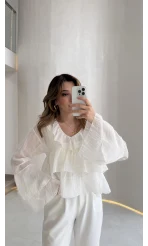 Liry Fırfırlı V Yaka Transparan Bluz - Beyaz - Kod: 1060