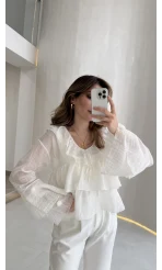 Liry Fırfırlı V Yaka Transparan Bluz - Beyaz - Kod: 1060