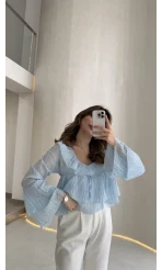 Liry Fırfırlı V Yaka Transparan Bluz - Mavi - Kod: 1060