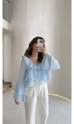 Liry Fırfırlı V Yaka Transparan Bluz - Mavi - Kod: 1060