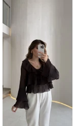 Liry Fırfırlı V Yaka Transparan Bluz - Kahverengi - Kod: 1060