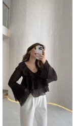 Liry Fırfırlı V Yaka Transparan Bluz - Kahverengi - Kod: 1060