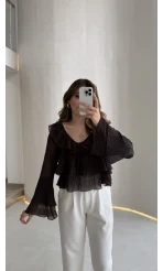 Liry Fırfırlı V Yaka Transparan Bluz - Kahverengi - Kod: 1060