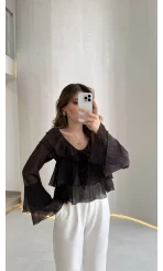 Liry Fırfırlı V Yaka Transparan Bluz - Kahverengi - Kod: 1060