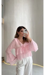 Liry Fırfırlı V Yaka Transparan Bluz - Pembe - Kod: 1060