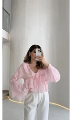 Liry Fırfırlı V Yaka Transparan Bluz - Pembe - Kod: 1060