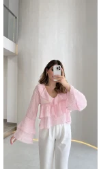 Liry Fırfırlı V Yaka Transparan Bluz - Pembe - Kod: 1060