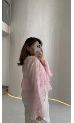 Liry Fırfırlı V Yaka Transparan Bluz - Pembe - Kod: 1060