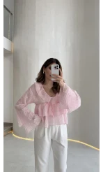 Liry Fırfırlı V Yaka Transparan Bluz - Pembe - Kod: 1060
