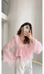 Liry Fırfırlı V Yaka Transparan Bluz - Pembe - Kod: 1060