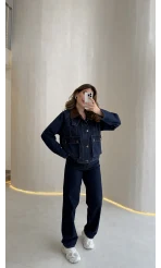 Kahverengi Yaka Kol Detaylı Ekose Astarlı Denim Takım - Lacivert - Kod: 250193