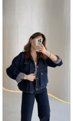 Kahverengi Yaka Kol Detaylı Ekose Astarlı Denim Takım - Lacivert - Kod: 250193