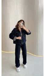 Kahverengi Yaka Kol Detaylı Ekose Astarlı Denim Takım - Lacivert - Kod: 250193