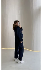 Kahverengi Yaka Kol Detaylı Ekose Astarlı Denim Takım - Lacivert - Kod: 250193