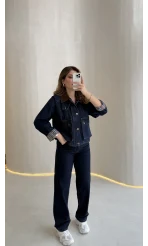 Kahverengi Yaka Kol Detaylı Ekose Astarlı Denim Takım - Lacivert - Kod: 250193