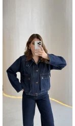 Kahverengi Yaka Kol Detaylı Ekose Astarlı Denim Takım - Lacivert - Kod: 250193