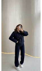 Kahverengi Yaka Kol Detaylı Ekose Astarlı Denim Takım - Lacivert - Kod: 250193