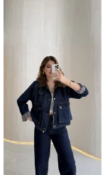 Kahverengi Yaka Kol Detaylı Ekose Astarlı Denim Takım - Lacivert - Kod: 250193