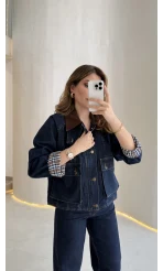 Kahverengi Yaka Kol Detaylı Ekose Astarlı Denim Takım - Lacivert - Kod: 250193