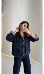 Kahverengi Yaka Kol Detaylı Ekose Astarlı Denim Takım - Lacivert - Kod: 250193