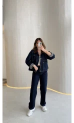 Kahverengi Yaka Kol Detaylı Ekose Astarlı Denim Takım - Lacivert - Kod: 250193