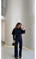 Panço Detaylı Kuşaklı Denim Tulum - Lacivert - Kod: 260106