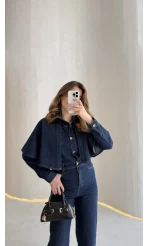 Panço Detaylı Kuşaklı Denim Tulum - Lacivert - Kod: 260106