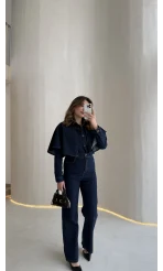 Panço Detaylı Kuşaklı Denim Tulum - Lacivert - Kod: 260106