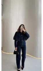 Panço Detaylı Kuşaklı Denim Tulum - Lacivert - Kod: 260106