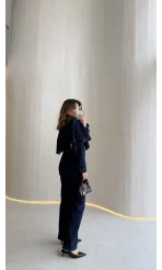 Panço Detaylı Kuşaklı Denim Tulum - Lacivert - Kod: 260106