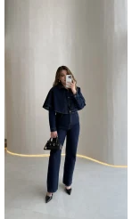 Panço Detaylı Kuşaklı Denim Tulum - Lacivert - Kod: 260106