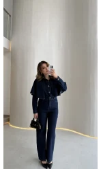 Panço Detaylı Kuşaklı Denim Tulum - Lacivert - Kod: 260106