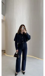 Panço Detaylı Kuşaklı Denim Tulum - Lacivert - Kod: 260106