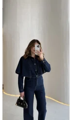 Panço Detaylı Kuşaklı Denim Tulum - Lacivert - Kod: 260106