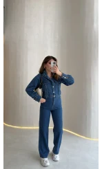 Kargo Cep Detaylı Boğazı Kuşaklı Denim Tulum - Mavi - Kod: 260107