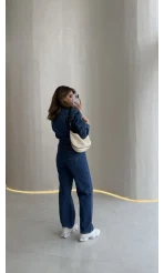 Kargo Cep Detaylı Boğazı Kuşaklı Denim Tulum - Mavi - Kod: 260107