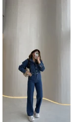 Kargo Cep Detaylı Boğazı Kuşaklı Denim Tulum - Mavi - Kod: 260107