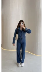Kargo Cep Detaylı Boğazı Kuşaklı Denim Tulum - Mavi - Kod: 260107