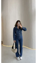 Kargo Cep Detaylı Boğazı Kuşaklı Denim Tulum - Mavi - Kod: 260107