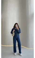 Kargo Cep Detaylı Boğazı Kuşaklı Denim Tulum - Mavi - Kod: 260107