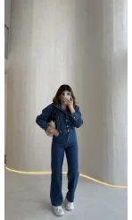 Kargo Cep Detaylı Boğazı Kuşaklı Denim Tulum - Mavi - Kod: 260107