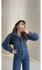 Kargo Cep Detaylı Boğazı Kuşaklı Denim Tulum - Mavi - Kod: 260107