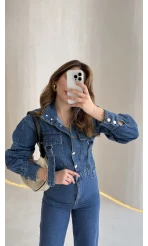 Kargo Cep Detaylı Boğazı Kuşaklı Denim Tulum - Mavi - Kod: 260107