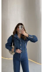 Kargo Cep Detaylı Boğazı Kuşaklı Denim Tulum - Mavi - Kod: 260107