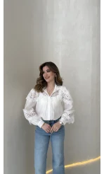 Sora Dantel Detay Balon Kol Gömlek - Beyaz - Kod: 39378