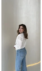 Sora Dantel Detay Balon Kol Gömlek - Beyaz - Kod: 39378